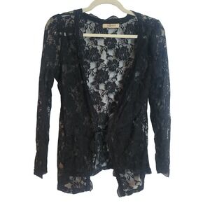 Romy Black Floral Lace Sheer Open Front Tie Cardigan Long Sleeve Med Whimsigoth